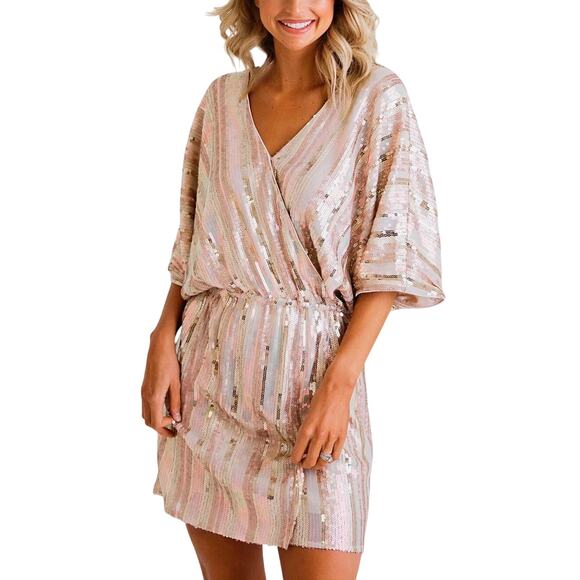 Karlie Sequin Gold Glitter Stripe Faux Wrap V-neck Mini Party Dress - Picture 1 of 16